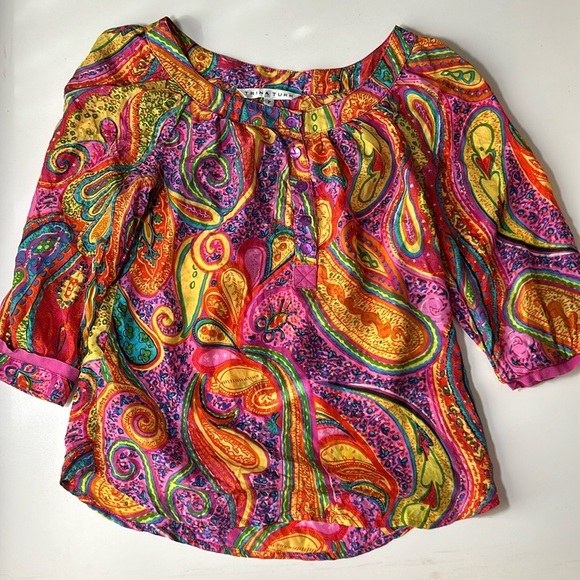 Trina Turk Multicolored Half Sleeve Button Up Blouse 100% Silk Sz P G - Picture 1 of 4